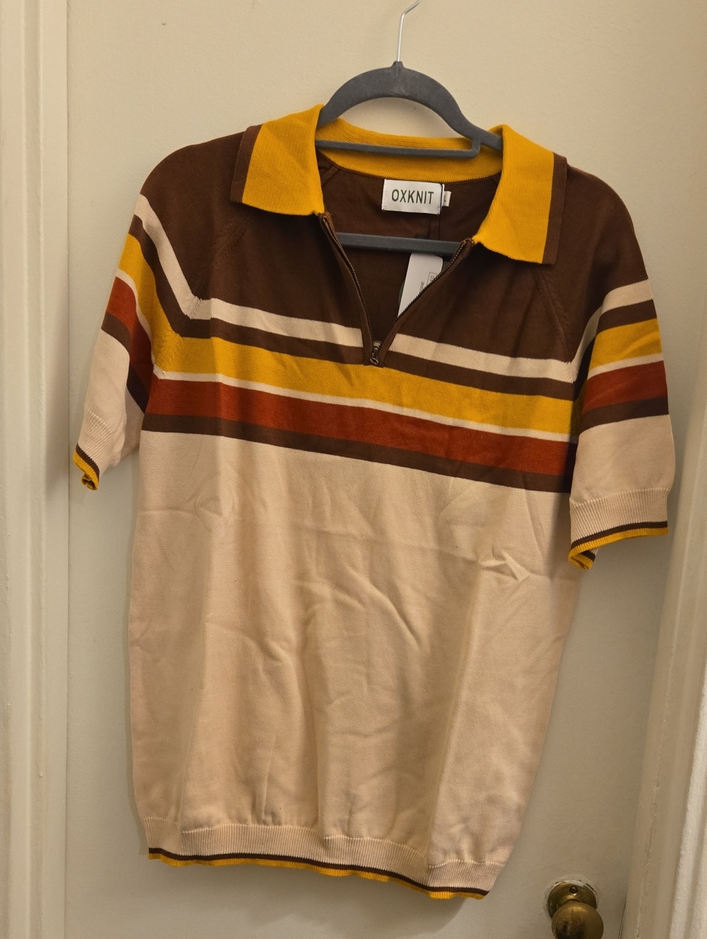 OXKNIT Men's Short Sleeve Polo in Brown, Yellow & Cream Stripe